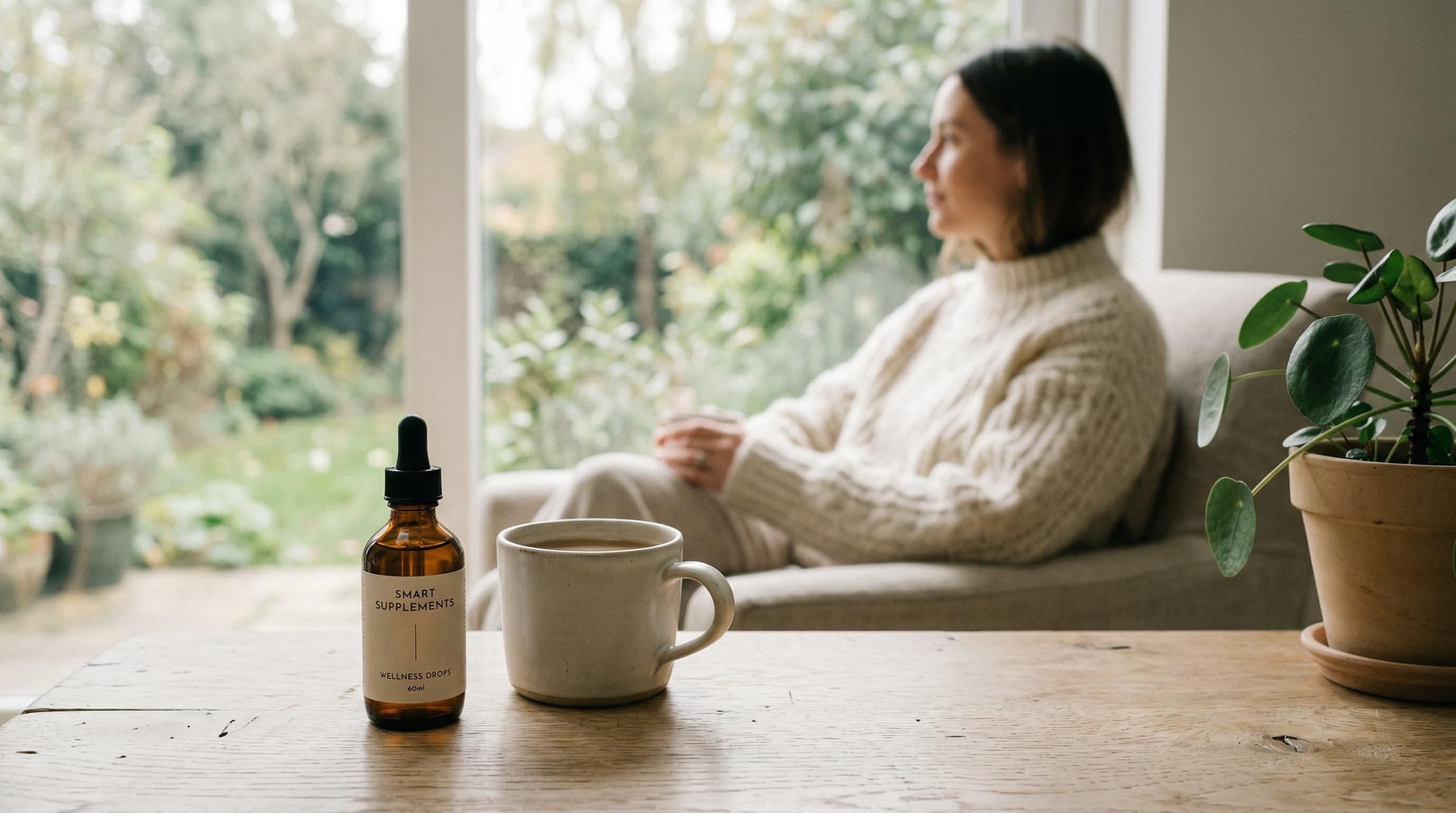 Person sitting calmly by a window with CBD oil on the table