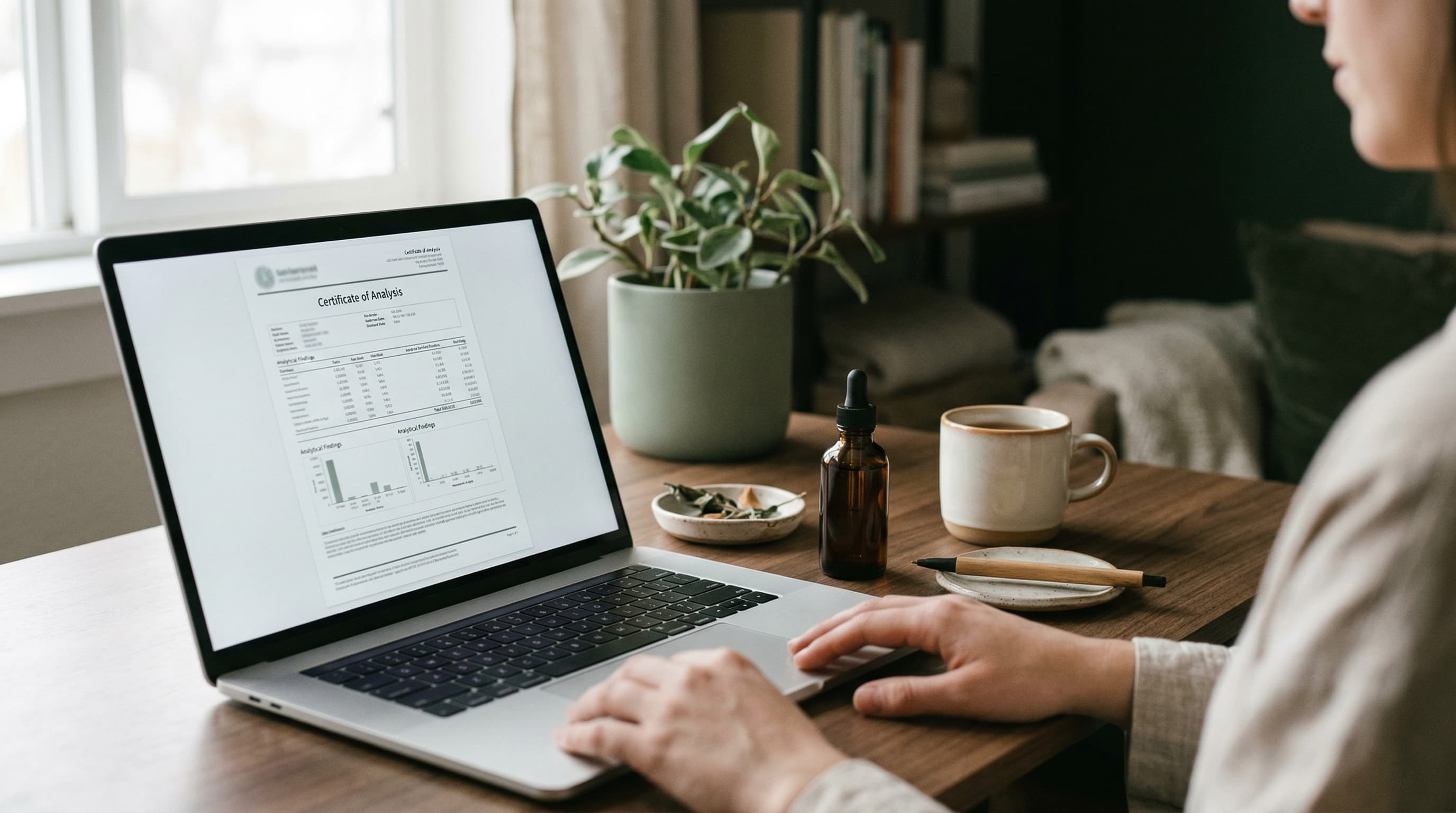 Person reviewing a CBD product Certificate of Analysis on a laptop — showing third-party lab test results