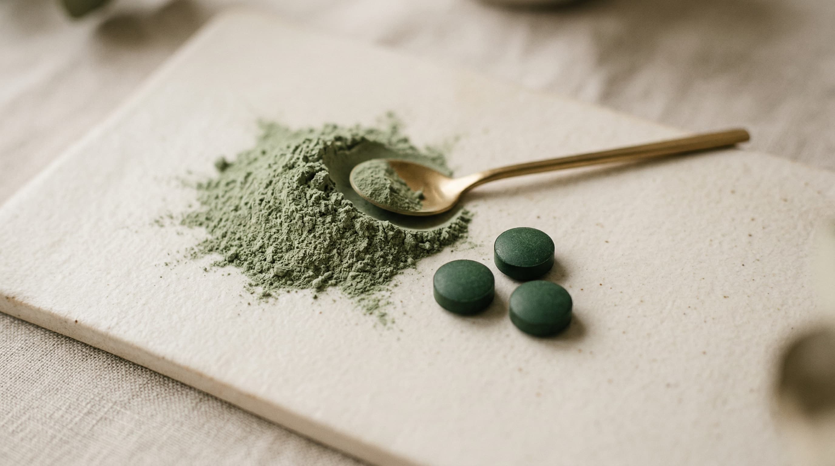 Chlorella tablets next to cracked cell wall chlorella powder — quality comparison