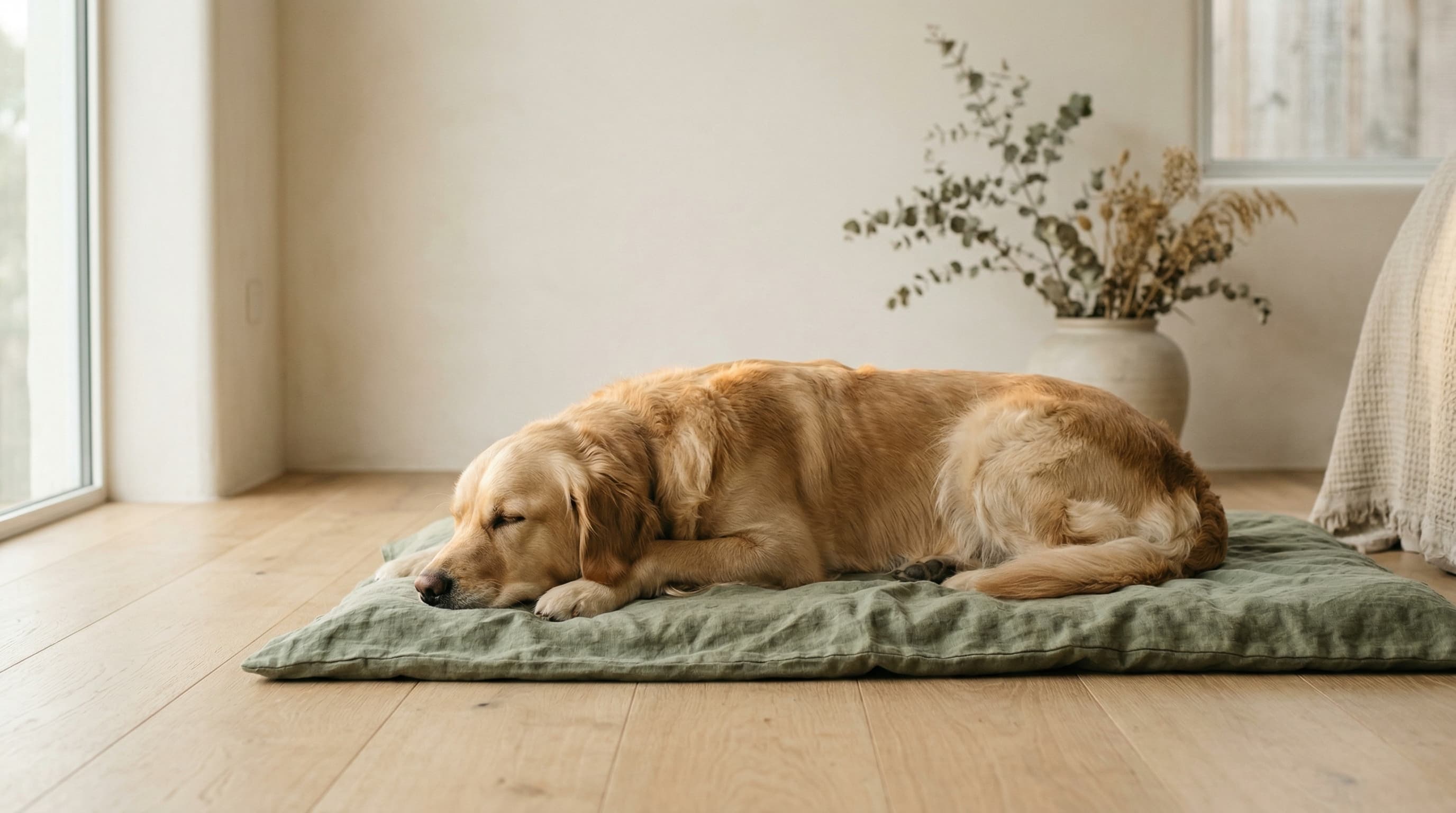 A calm golden retriever resting on a mat, representing pet wellness and comfort
