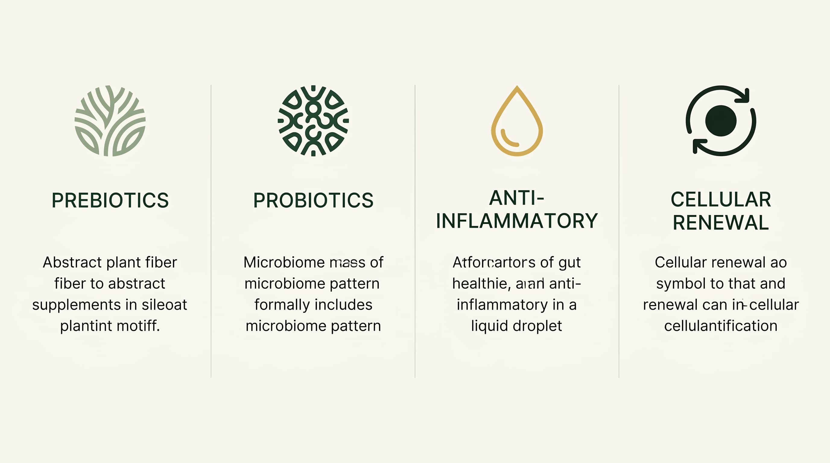 Supplement categories for gut health: prebiotics, probiotics, anti-inflammatory, cellular renewal