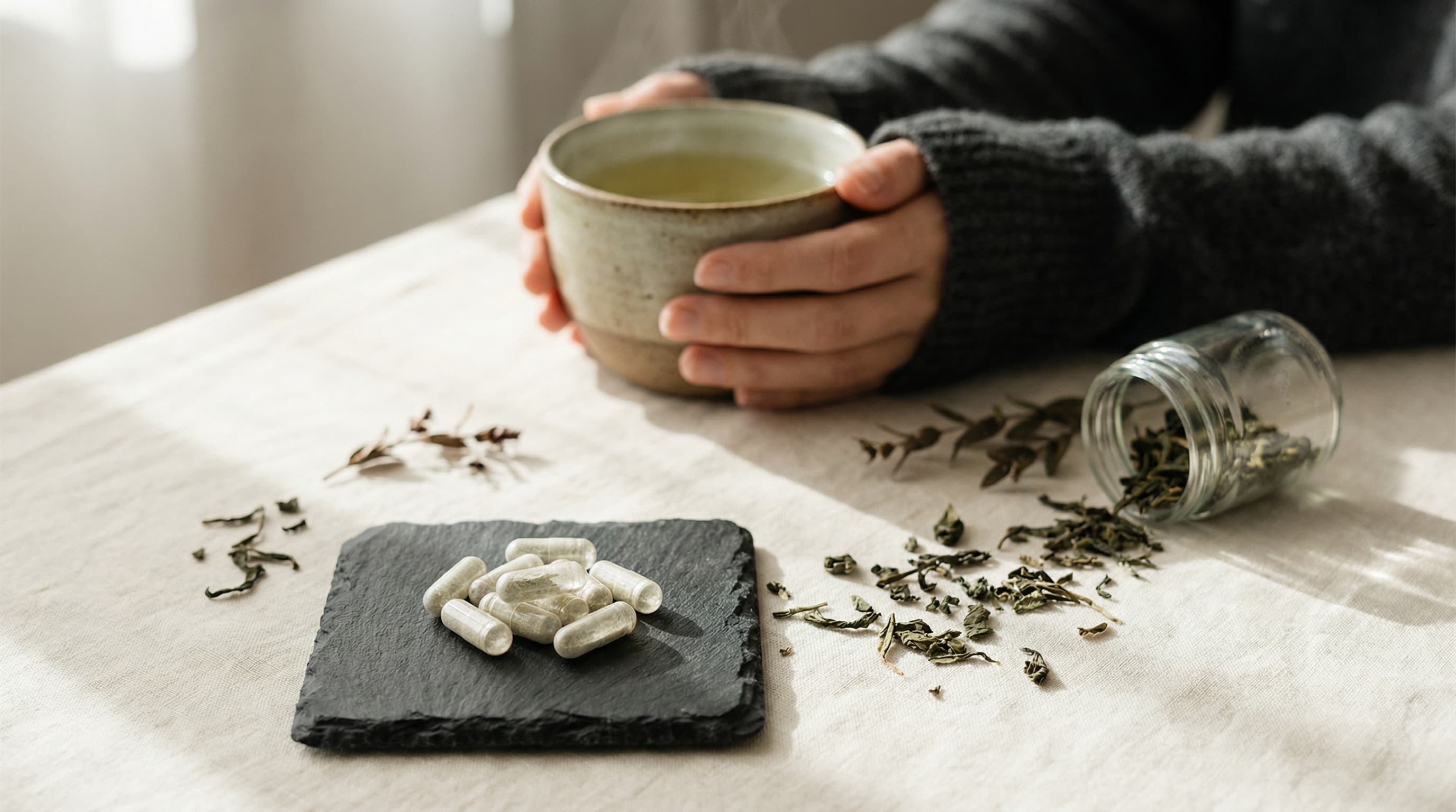 L-theanine capsules next to a cup of green tea
