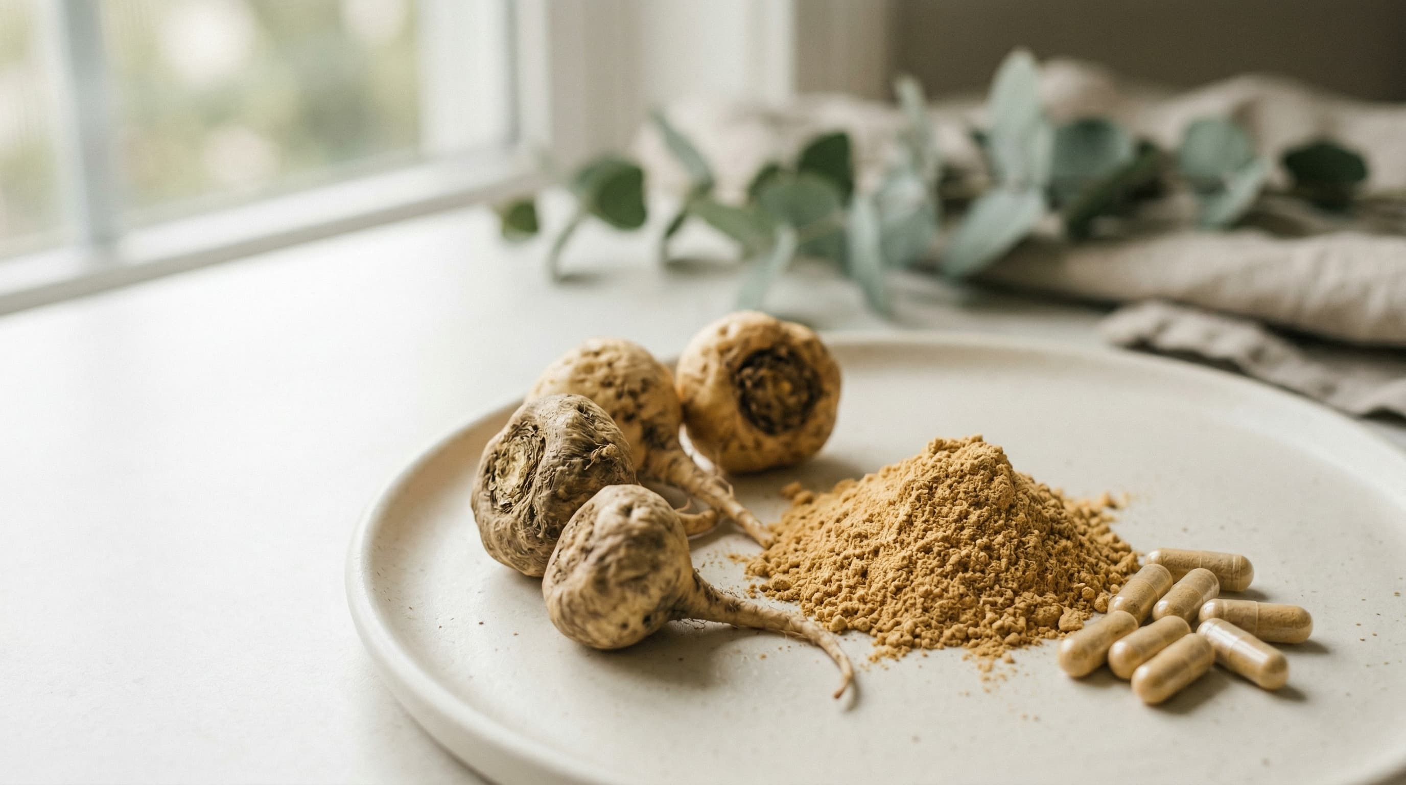 Maca root powder and capsules displayed with fresh maca roots