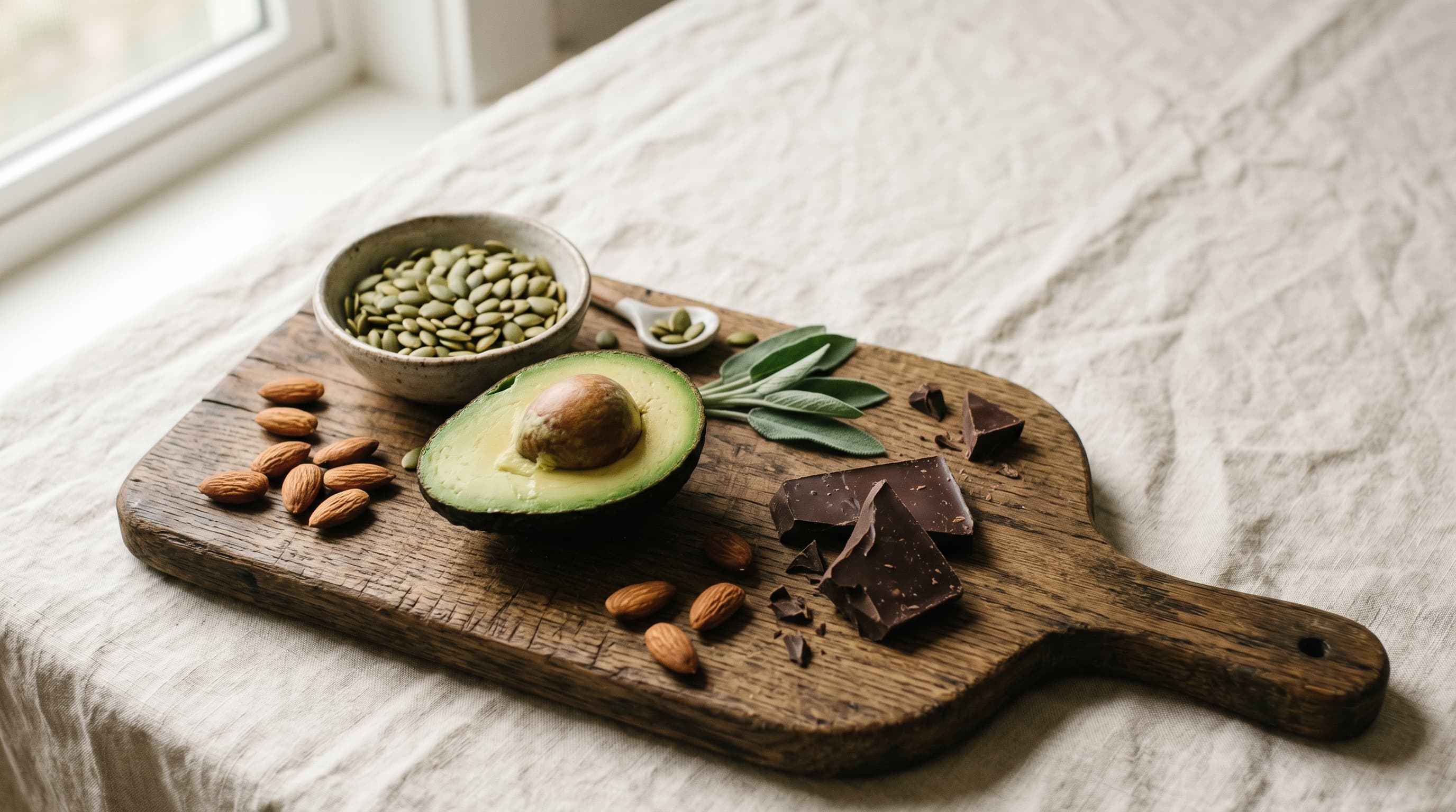 Magnesium-rich foods arranged on a wooden cutting board