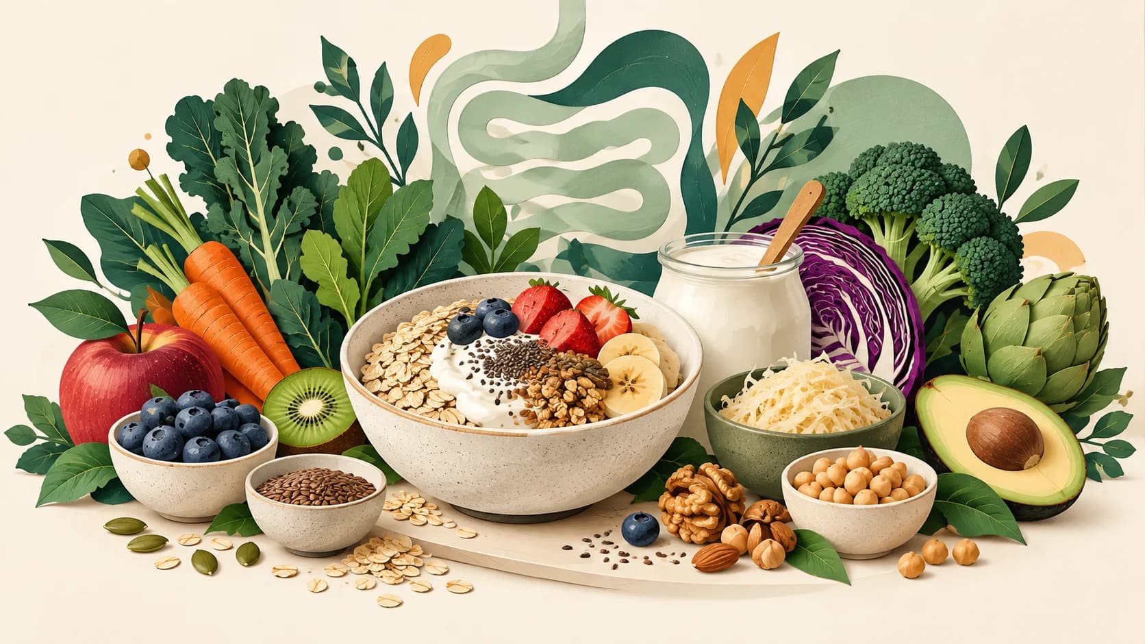 Editorial illustration of oats, yoghurt and varied plant foods; not a product efficacy comparison.