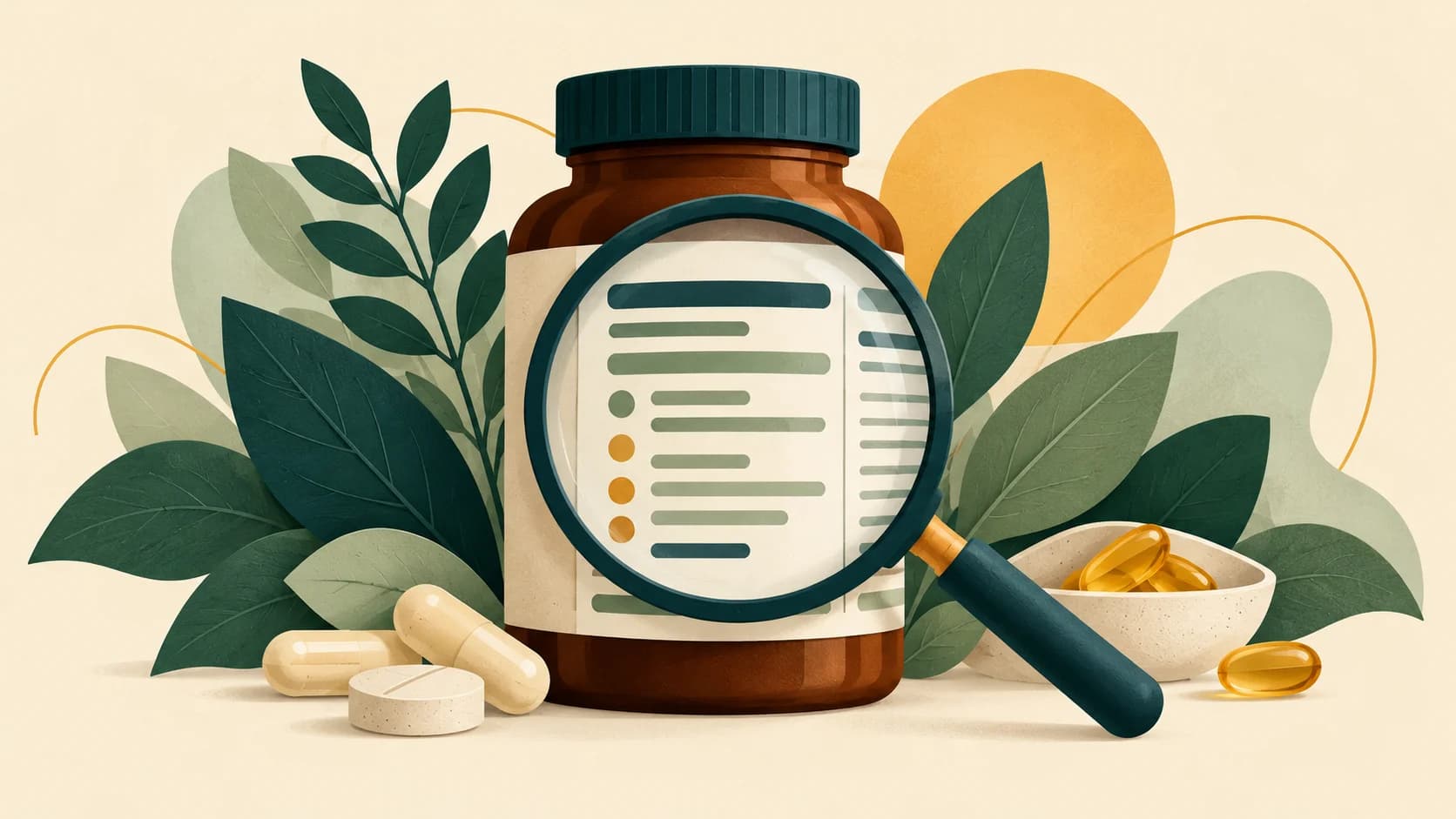 Editorial illustration of a magnifying glass examining a supplement label.