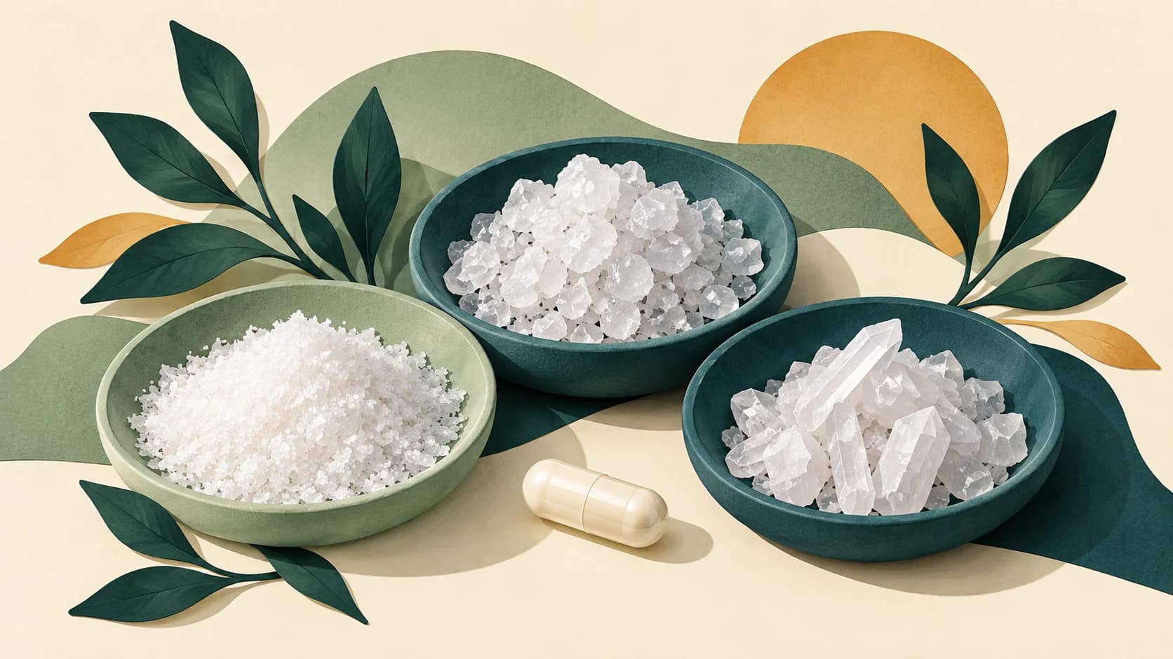 Conceptual illustration of mineral textures in three dishes beside a capsule; not a form-identification chart.