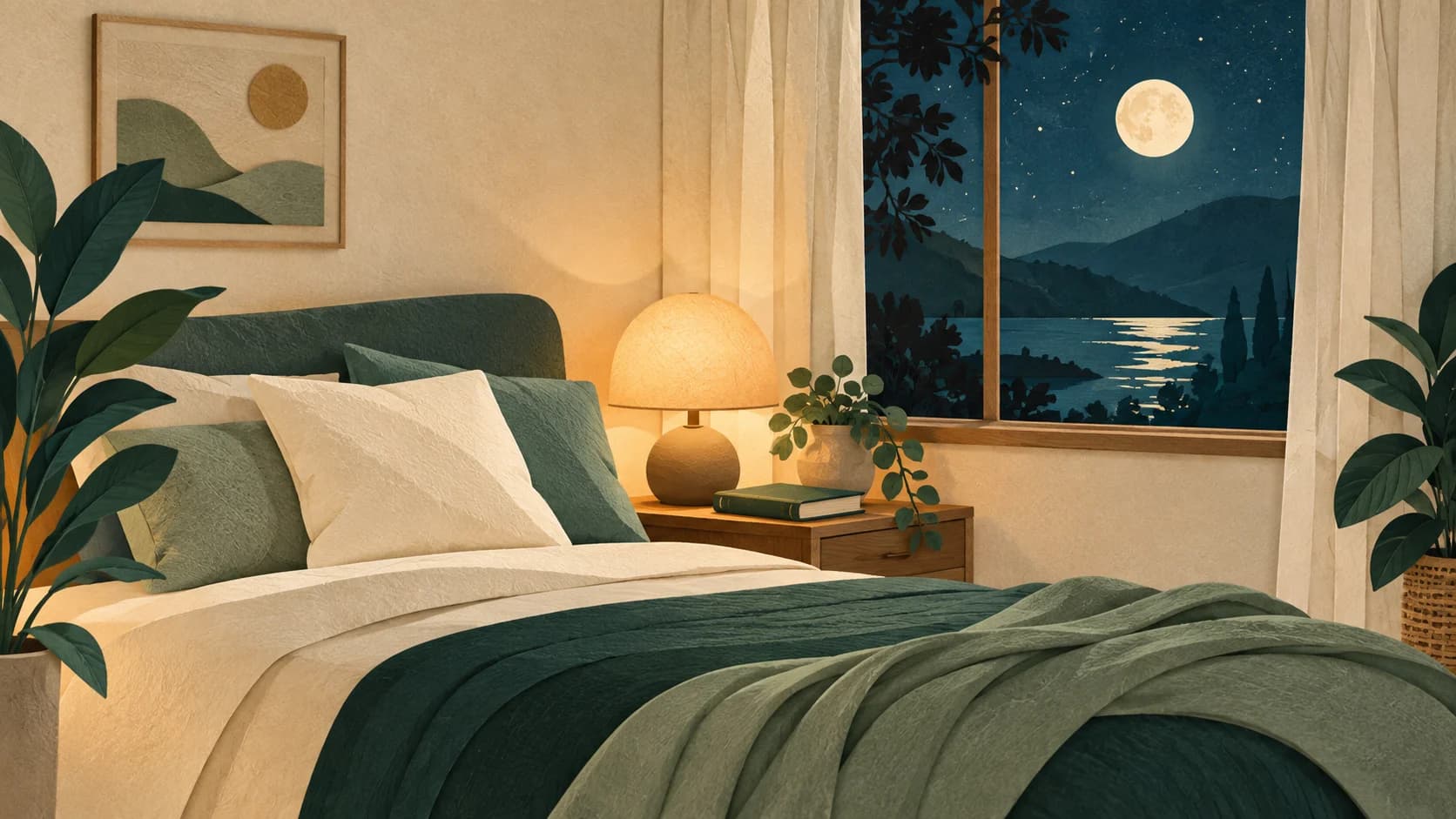 Editorial illustration of a quiet bedroom with a bedside lamp and moonlit window.