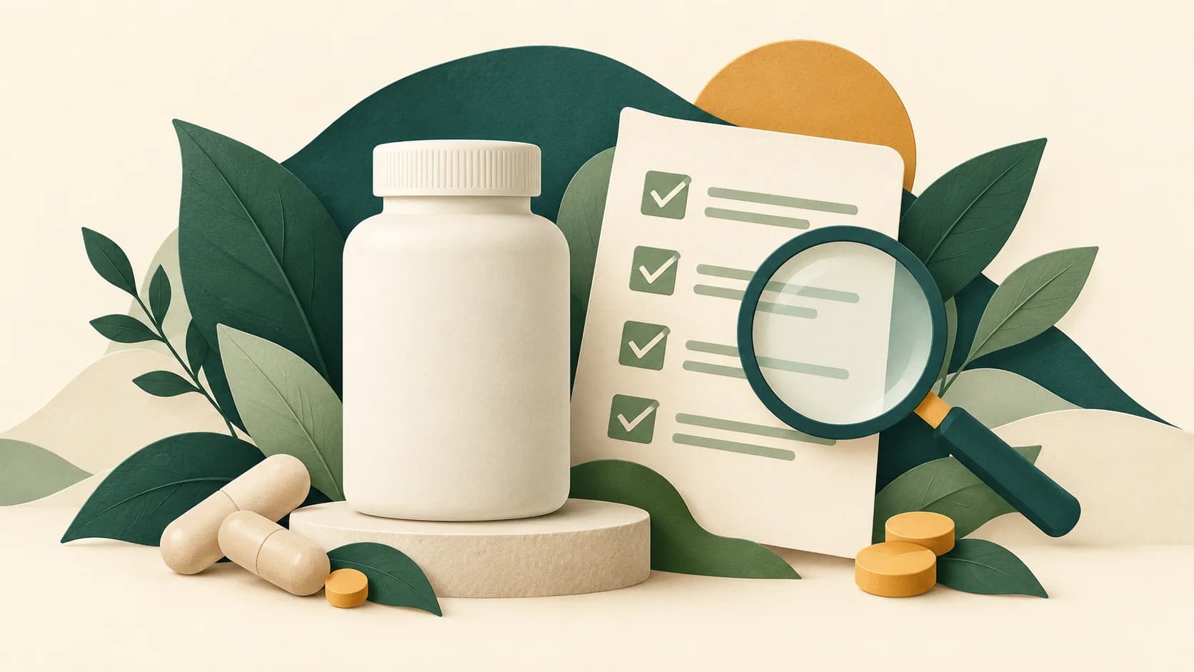 Editorial illustration of a supplement bottle, checklist and magnifying glass.