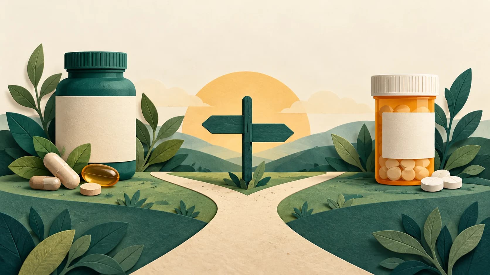 Editorial illustration of medicine and supplement bottles beside a crossroads.